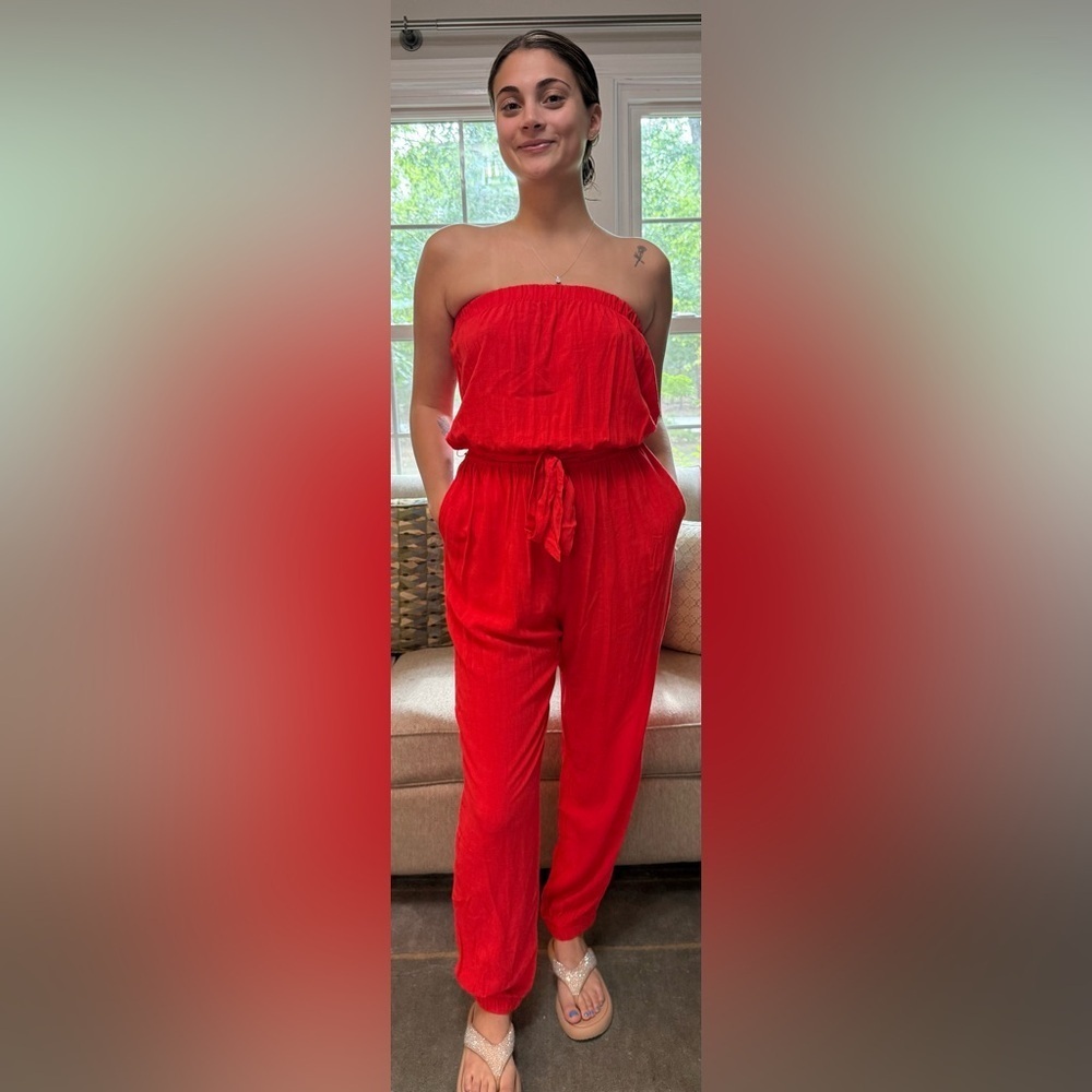 New Eesome Red Strapless Jumpsuit so cute belted S L